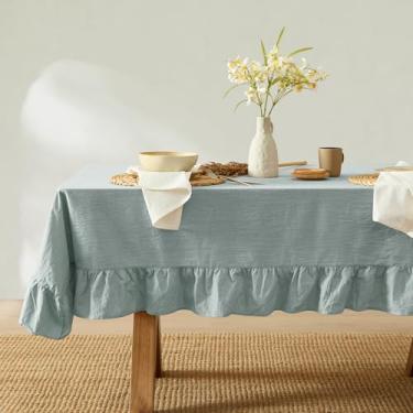 Imagem de MONDAY MOOSE Toalha de mesa de algodão lavado com pedra natural retangular rústica com babados para cozinha, sala de jantar, restaurante (152 x 218 cm, azul ardósia)