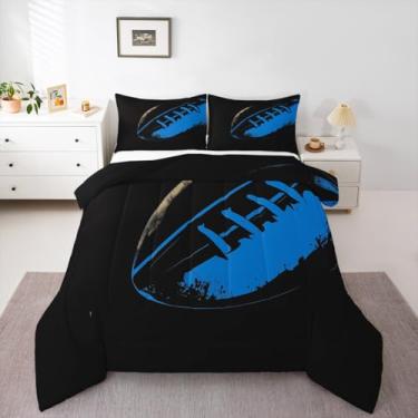 Imagem de Feelyou Jogo de cama com edredom de futebol americano, tamanho solteiro, preto e azul, para crianças, meninos, meninas, decoração esportiva, microfibra, ultramacia e respirável