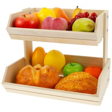 Imagem de Cesta de frutas grande de madeira, cesta de frutas de 2 camadas para cozinha, organizador de bancada de legumes, rack organizador de lanches naturais