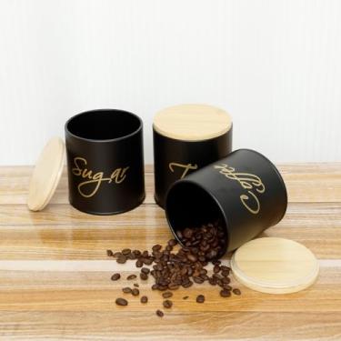 Imagem de Conjunto de 3 potes de metal para cozinha, café, açúcar e chá, com tampas de bambu, recipientes de armazenamento de alimentos para balcão de cozinha