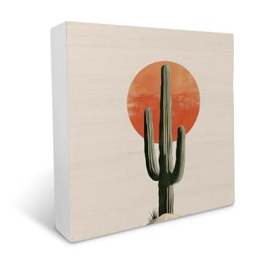 Imagem de Ku-Dayi Sinal de caixa de madeira Boho abstrato cacto solar, paisagem do deserto ocidental, decoração de caixa de madeira para escritório em casa, placa de bloco de madeira do século moderno