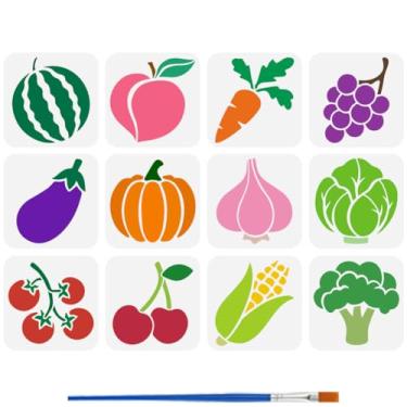 Imagem de FINGERINSPIRE 12Styles Estêncil de frutas e legumes com pincel 14 x 14 cm, estêncil de pintura de silhueta de frutas, legumes, silhueta, estêncil, modelo de tema de fazenda para tecido de parede de