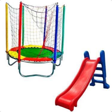 Imagem de Pula Pula Trampolim Redondo Colorido para Crianças, 1,40m de Diâmetro, Suporta até 30kg, com Escorregador Médio