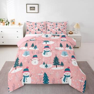 Imagem de jejeloiu Conjunto de edredom casal Feliz Natal, boneco de neve, para crianças, meninos, meninas, floco de neve, decoração de quarto de árvore de Natal, microfibra, 3 peças com 2 fronhas