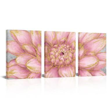 Imagem de WELMECO Arte de parede floral com pintura de textura dourada impressões em tela emoldurada, imagem de flor rústica, quarto, sala de estar, banheiro, decoração de parede, 30 x 40 x 3 peças (rosa)