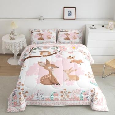 Imagem de jejeloiu Jogo de cama queen com estampa de cervo sika, flor rosa, para crianças, meninos, meninas, temática de conto de fadas, conjunto de edredom kawaii e coruja, 3 peças