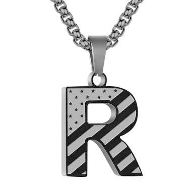Imagem de Zocomi Colar com pingente de inicial da bandeira americana para homens e meninos, corrente de aço inoxidável 316L A-Z caixa de letras 50 + 5 cm joias presentes, Aço inoxidável, Sem Pedra Preciosa