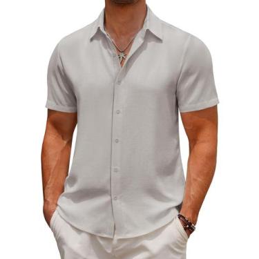 Imagem de Camisa masculina COOFANDY, algodão, linho, manga curta, cinza claro