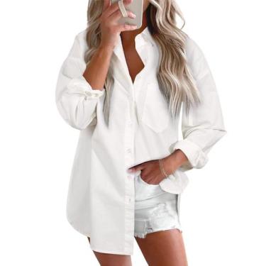 Imagem de Camisa feminina elegante, jeans com botões, decote em V, branca, cambr