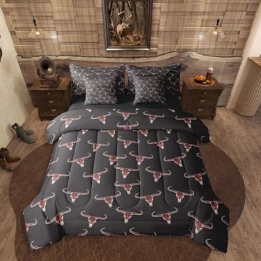 Imagem de Erosebridal Jogo de cama solteiro étnico boêmio com caveira de touro, 7 peças, para homens e meninos, boi tribal, vida selvagem, asteca, decoração de quarto, cabana de fazenda, conjunto de lençol com