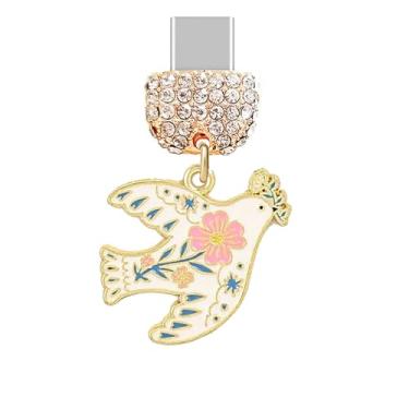 Imagem de ELISE & FONDA TP951 Tipo-C porta de carregamento cristal plugue antipoeira Little Peace com pingente de flor e ramo de oliveira para iPhone 15/16/Samsung/OnePlus/Xiaomi/oppo telefones Android (branco