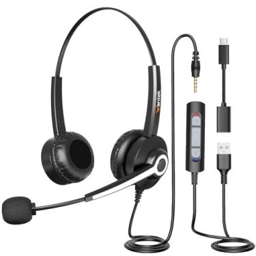 Imagem de Fone de ouvido USB com microfone para PC, fone de ouvido para laptop com botão de atendimento de chamadas para equipes MS e telefones IP, design leve e almofadas de espuma de memória para conforto o