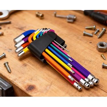 Imagem de Conjunto de 9 chaves hexagonais codificadas por cores com pontas esferográficas, chaves hexagonais em forma de L de braço longo para bicicletas, residências e reparos automotivos