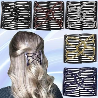 Imagem de 5 peças de pente de cabelo elástico mágico, pente duplo, grampos de garfos de cabelo para mulheres meninas vintage penteado acessórios de cabelo multiuso (prata, preto, café, ouro, azul)