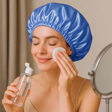 Imagem de Touca de banho forrada de cetim macio – reutilizável, elástica e impermeável, touca de cabelo para proteção do chuveiro feminino, azul escuro