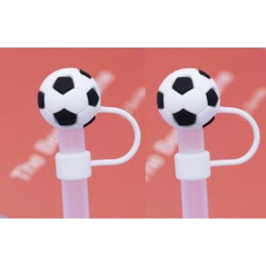 Imagem de 2 peças de capas e tampas de palha de silicone de futebol compatíveis com copos, canudo reutilizável, tampas, dispensadores de canudo, acessórios de cozinha