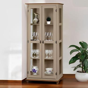 Imagem de Cristaleira Rústica De Madeira 3 Prateleiras Pés Torneados - Amêndoa Laca Com Tampo E Base Imbuia Glazer