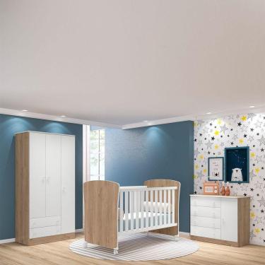 Imagem de Mini Cama E Guarda Roupa Infantil 3 Portas E Carvalho/Branco
