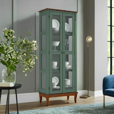 Imagem de Cristaleira De Madeira 2 Portas Pés Luiz Xv - Verde Kalle Laca Com Tampo E Base Imbuia Glazer