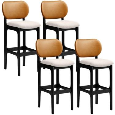 Imagem de Kit 4 Banquetas Alta Betta Preto Whisky Linho Cru