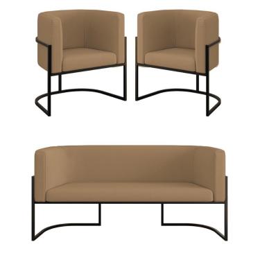 Imagem de Kit 2 Poltronas + Sofá 2 Lugares Base De Metal Black Veludo Capuccino
