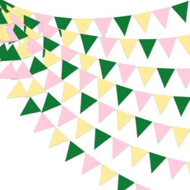 Imagem de FYSUIMU Faixa de tecido de mola de 33 m bandeira triangular guirlanda rosa pastel amarelo verde flâmula pendurada para casamento, aniversário, decoração de chá de bebê