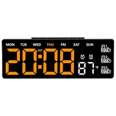 Imagem de Relógio de mesa digital LED de 20 cm com lembretes de medicação – Tela grande com hora, data, dia, temperatura, alertas de comprimidos triplos, alarme duplo, relógio silencioso para casa e escritório