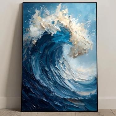 Imagem de Arte de parede de ondas abstratas, pintura abstrata, oceano, azul e branco, pinturas texturizadas, azul escuro, abstratos, tela, arte de parede, oceano, imagens de ondas, paisagem marítima, pôster