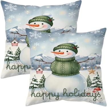 Imagem de Conjunto de 2 capas de almofada de boneco de neve de Natal 45,7 x 45,7 cm, capas de almofada decorativas de férias, capas de almofada impressas frente e verso para sofá, cama, decoração de inverno