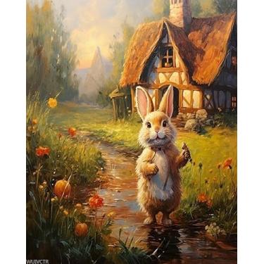 Imagem de WUIVCTR Kits de pintura em tela por números para adultos, desenho animado de fazenda animal coelho, kit DIY para adultos tinta acrílica imagem a óleo de colorir por arte de números, 40 x 50 cm