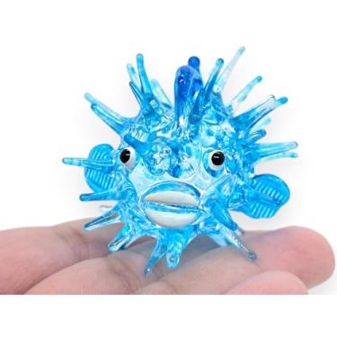 Imagem de Estatueta pequena de 5 cm de diâmetro azul acolchoado de peixe miniatura de vidro soprado à mão de aquário animais marinhos decoração colecionável de cristal