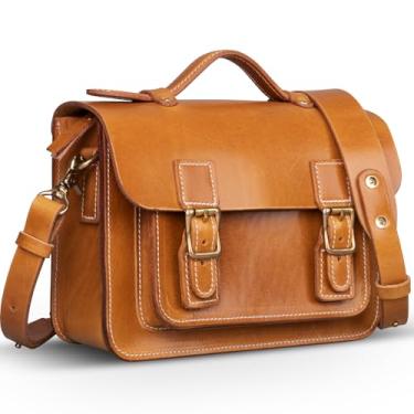 Imagem de une diffe Bolsa transversal de couro legítimo, feita à mão, bolsa de couro vegetal curtido com zíper YKK, Amarelo, marrom, Medium