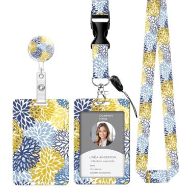 Imagem de Cordão retrátil para crachá de identificação com clipe e chaveiro, ajustável, bonito carretel de separação, durável e perfeito para mulheres enfermeiras, professoras, trabalhadoras de escritório (flor