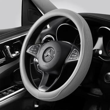 Imagem de Capa de volante cinza, couro sintético perfurado moderno com interior de borracha inodora, ajuste antiderrapante universal para um interior de carro elegante e limpo (cinza)