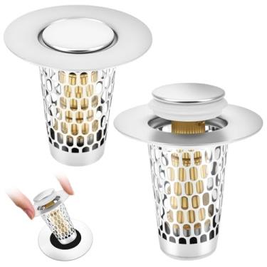 Imagem de 2 peças de rolha de pia de banheiro pop-up, filtro de ralo de pia de aço inoxidável 304 de drenagem rápida, filtro de ralo de piso universal, cesta de drenagem removível, coletor de cabelo para furos