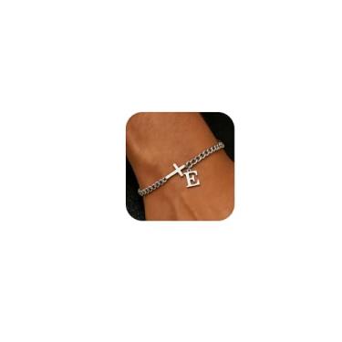 Imagem de chorfla Pulseiras com contas cruzadas masculinas inicial A - Z Faith Cross Bracelets, pulseira de corrente com inicial inicial de aço inoxidável, joia religiosa, presente para homens, One size fits