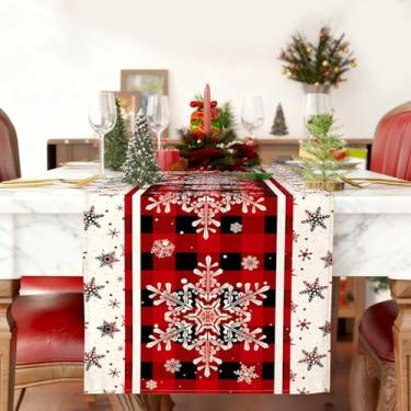 Imagem de Caminho de mesa de Natal, 182 cm x 33 cm linho vermelho preto xadrez estampa floco de neve, decoração de mesa de férias para jantares de Natal, cozinha doméstica e reuniões internas (floco de neve)
