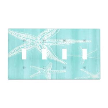 Imagem de BHGAHD Capas decorativas de placa de interruptor vintage azul de madeira estrela-do-mar náutica 4 gangues placa de interruptor de luz quadriciclo interruptores de luz para decoração de quarto e casa
