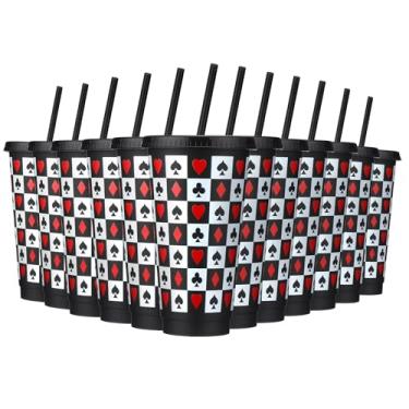 Imagem de FoldTier 12 copos temáticos de cassino a granel 680 g copos de pôquer para festa copos de pôquer de plástico com tampas e canudos para cassino de Las Vegas jogo de cartas decoração noturna suprimentos