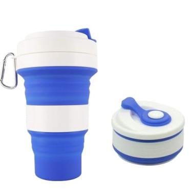 Imagem de Copo Retrátil de Silicone, 550ml, Branco e Azul, Dobrável com Tampa, Material Grau Alimentar, Gancho para Mochila, 16.8 x 10 x 5.7 cm