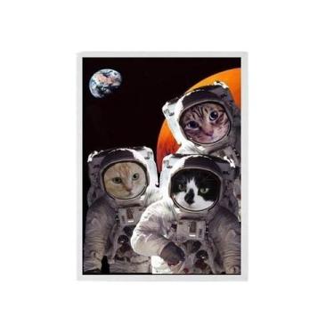 Imagem de Quadro Decorativo Gatos Astronautas 45X34Cm - Madeira Branca - Quadros