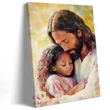 Imagem de ZSHARTSWD Arte de parede cristã Jesus segurando menina preta impressões em tela imagens de histórias religiosas da Bíblia pintura de Deus para quarto de bebê menina decoração de casa emoldurada