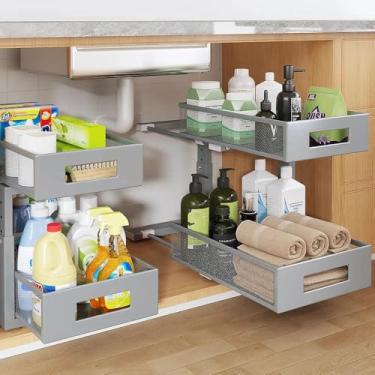 Imagem de Organizador sob a pia, gavetas organizadoras duplas de 2 camadas com trilho circular liso, prateleiras deslizantes de malha metálica de grande capacidade para armazenamento de banheiro e cozinha