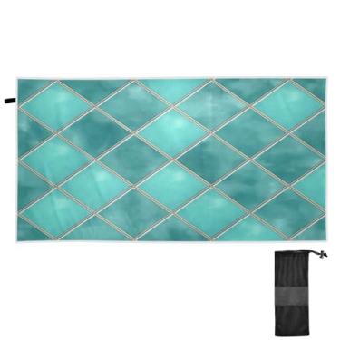 Imagem de ATTX Toalha de praia xadrez geométrica em aquarela azul-petróleo 79 x 188 cm - Cobertor de microfibra leve de secagem rápida resistente à areia para piscina, ioga, academia e viagens | Esportes de