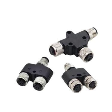 Imagem de Adaptador de conector 3 vias em forma T M12 4/5 pinos à prova d'água - plugue fêmea macho 1 a 2, moldado por injeção, classificação IP67, código A tipo Y(Y-type 1F-2F,5Pin A-type)