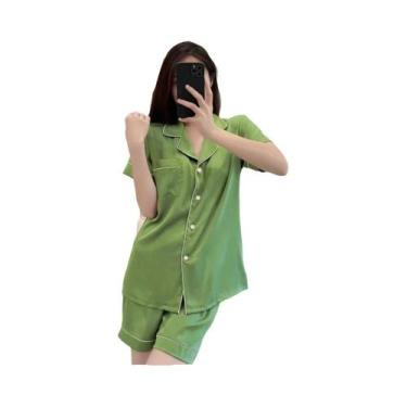 Imagem de Conjunto De Pijamas Femininos De Verão Em Cetim Sólido Confortável Em 