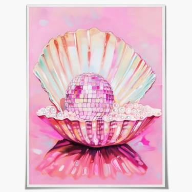 Imagem de Arte de parede em tela de bola de discoteca em concha - Pérolas e fundo rosa pastel glamouroso litorâneo impressão artística pôster para sala de estar quarto feminino decoração de casa 20 x 25 cm sem