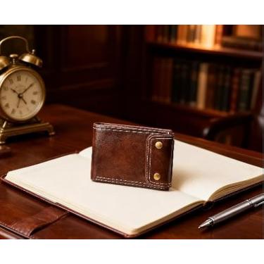 Imagem de Carteiras masculinas dobráveis, carteira moderna de botão duplo com compartimento para cartão transparente, carteira curta masculina dobrável para guardar cartões e dinheiro, Marrom, Tendência