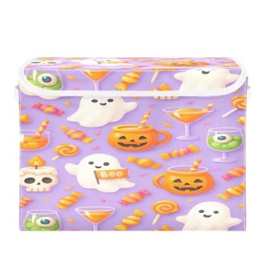 Imagem de Wassud Cestas de armazenamento de Halloween com tampas, elementos bonitos do tema do Dia das Bruxas, caixotes dobráveis de tecido empilhável, cestas de linho, organizador de armário, recipiente 42 x