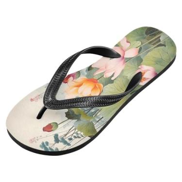 Imagem de Wassud Sandália de dedo para homens e mulheres pintura de flores de lótus verão sandália tanga praia sapatos aquáticos, PP, Multicor, Large